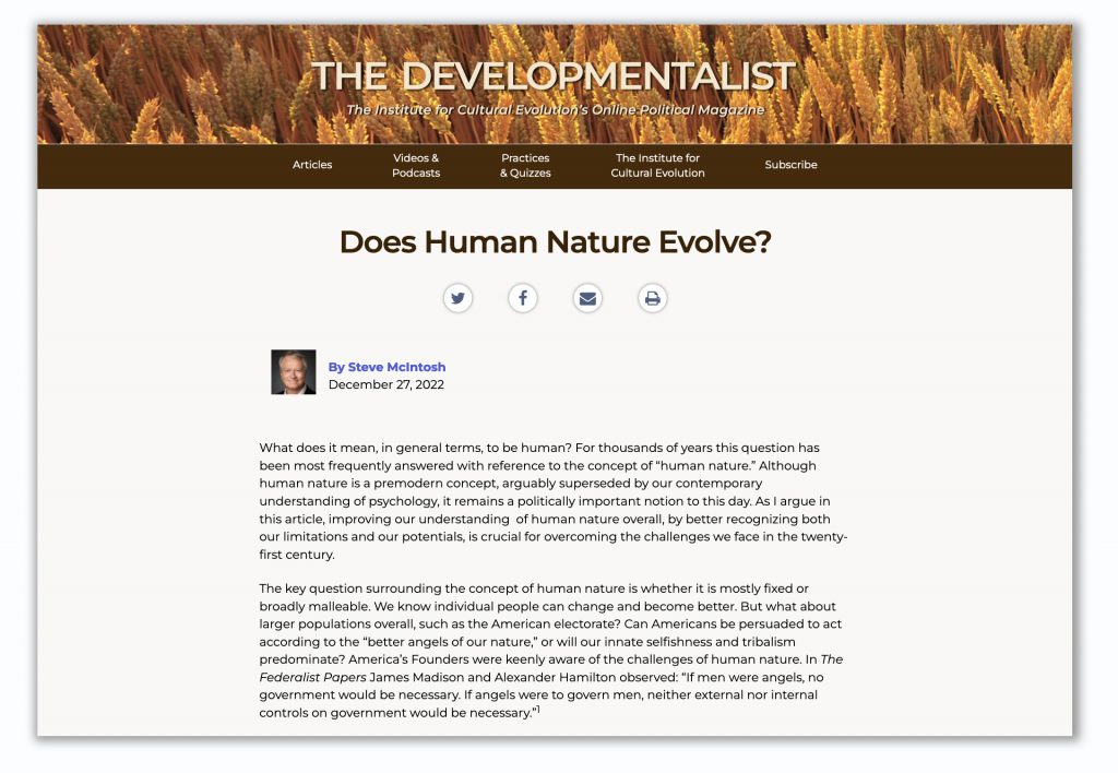 New Article by Steve McIntosh: Does Human Nature Evolve?